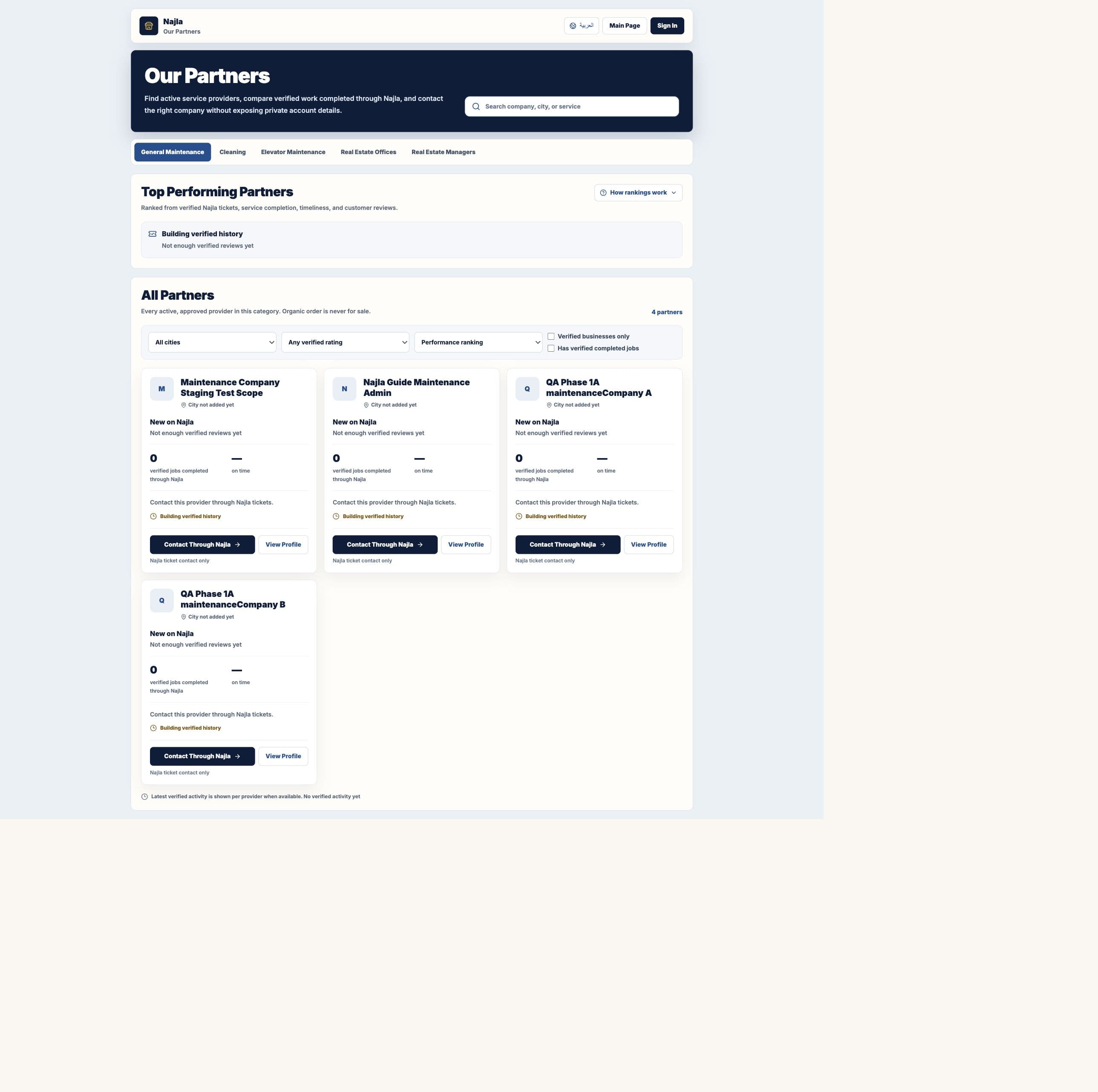 Real Najla staging Cleaning Crew Our Partners page captured after authenticated verification.