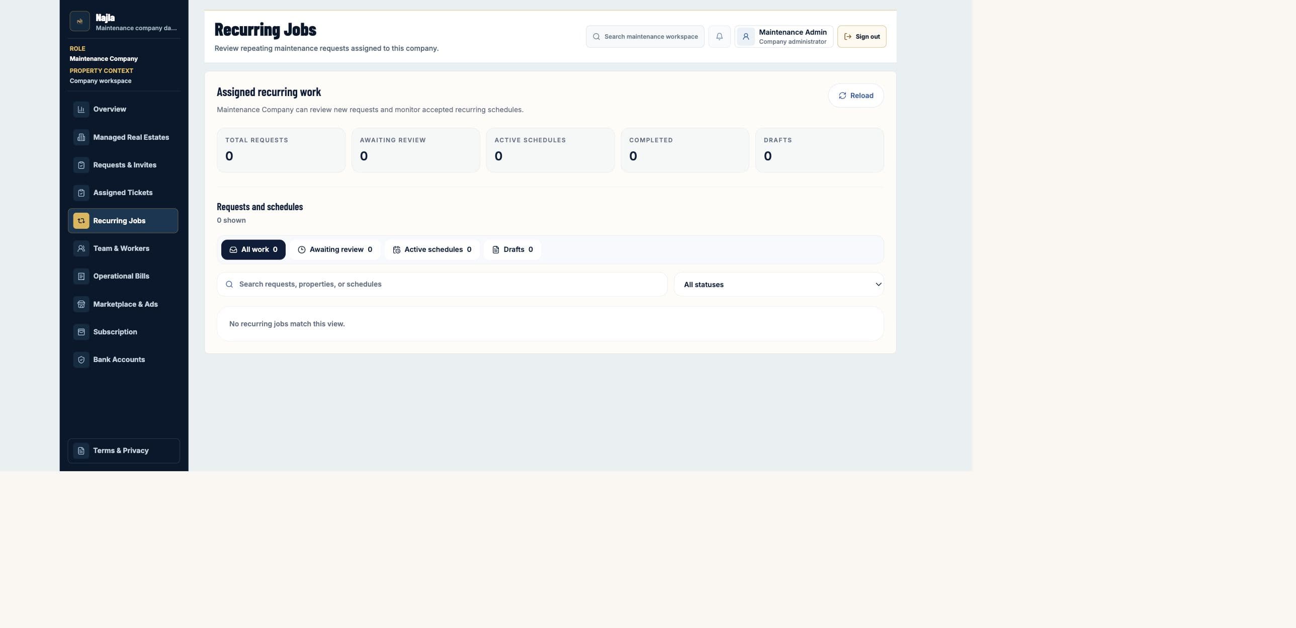 Real Najla staging Maintenance Company Recurring Jobs page captured after authenticated verification.