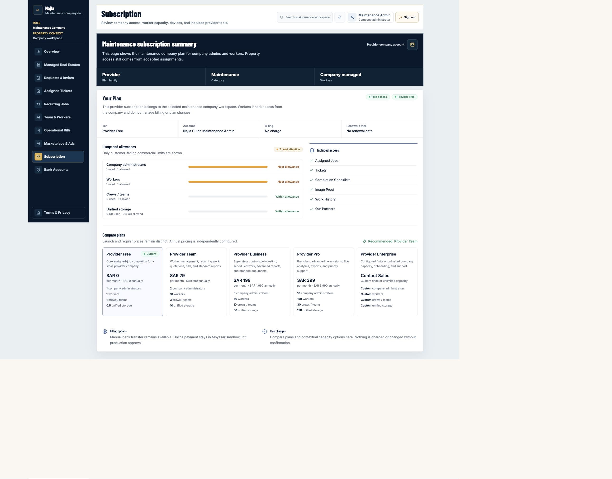Real Najla staging Maintenance Company Subscription page captured after authenticated verification.