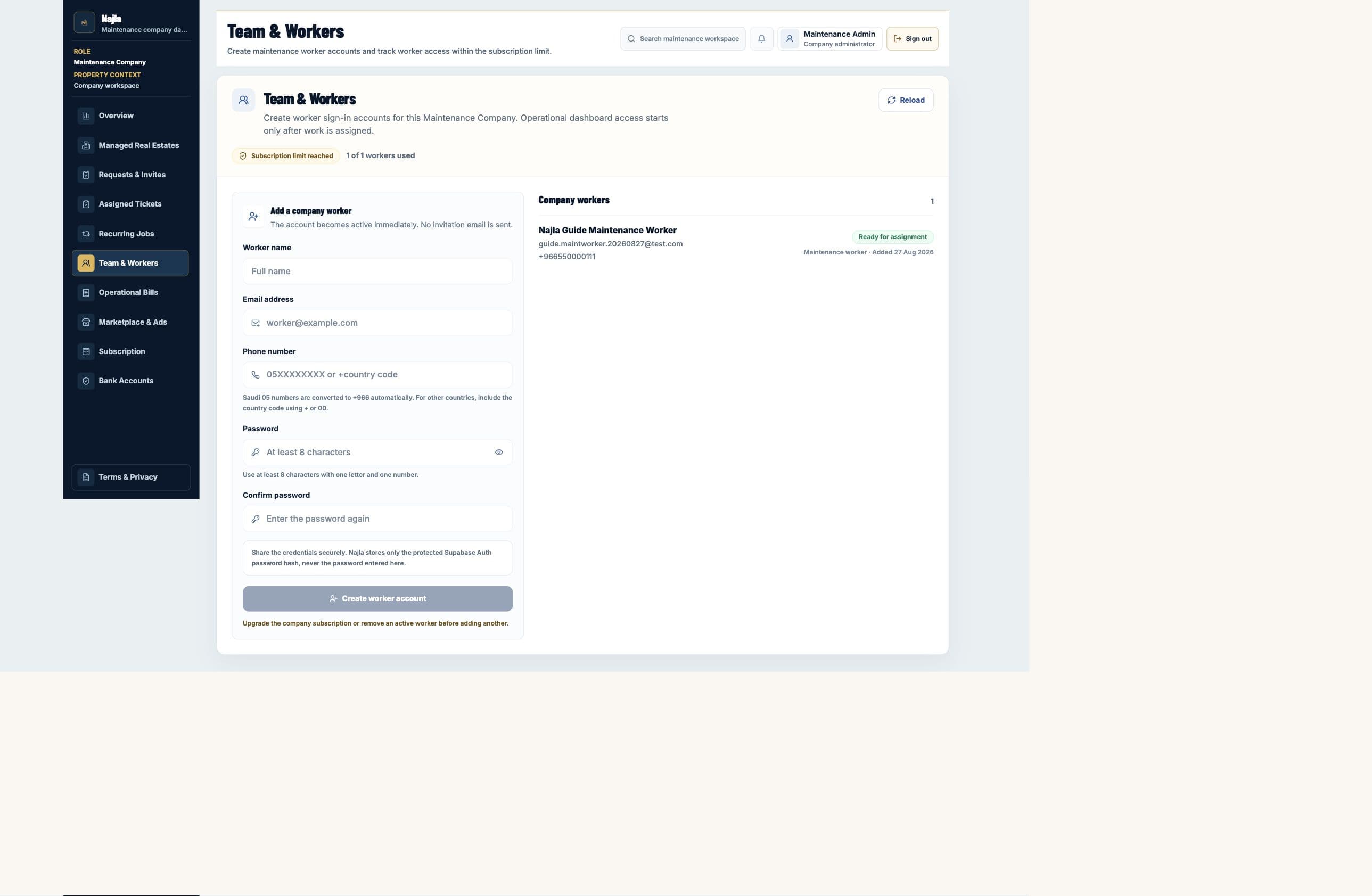 Real Najla staging Maintenance Company Team & Workers page captured after authenticated verification.