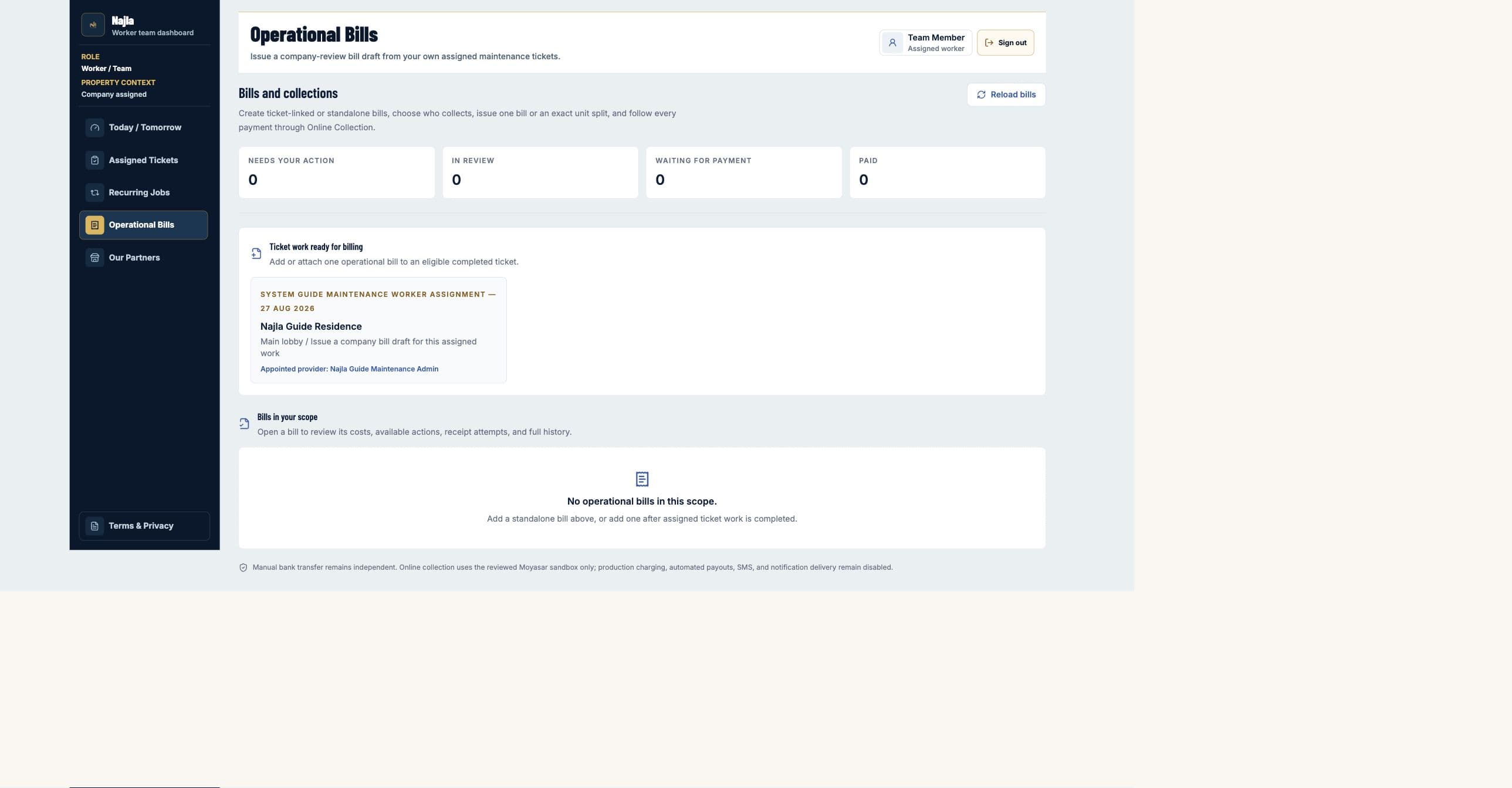 Real Najla staging Maintenance Worker / Team Operational Bills page captured after authenticated verification.