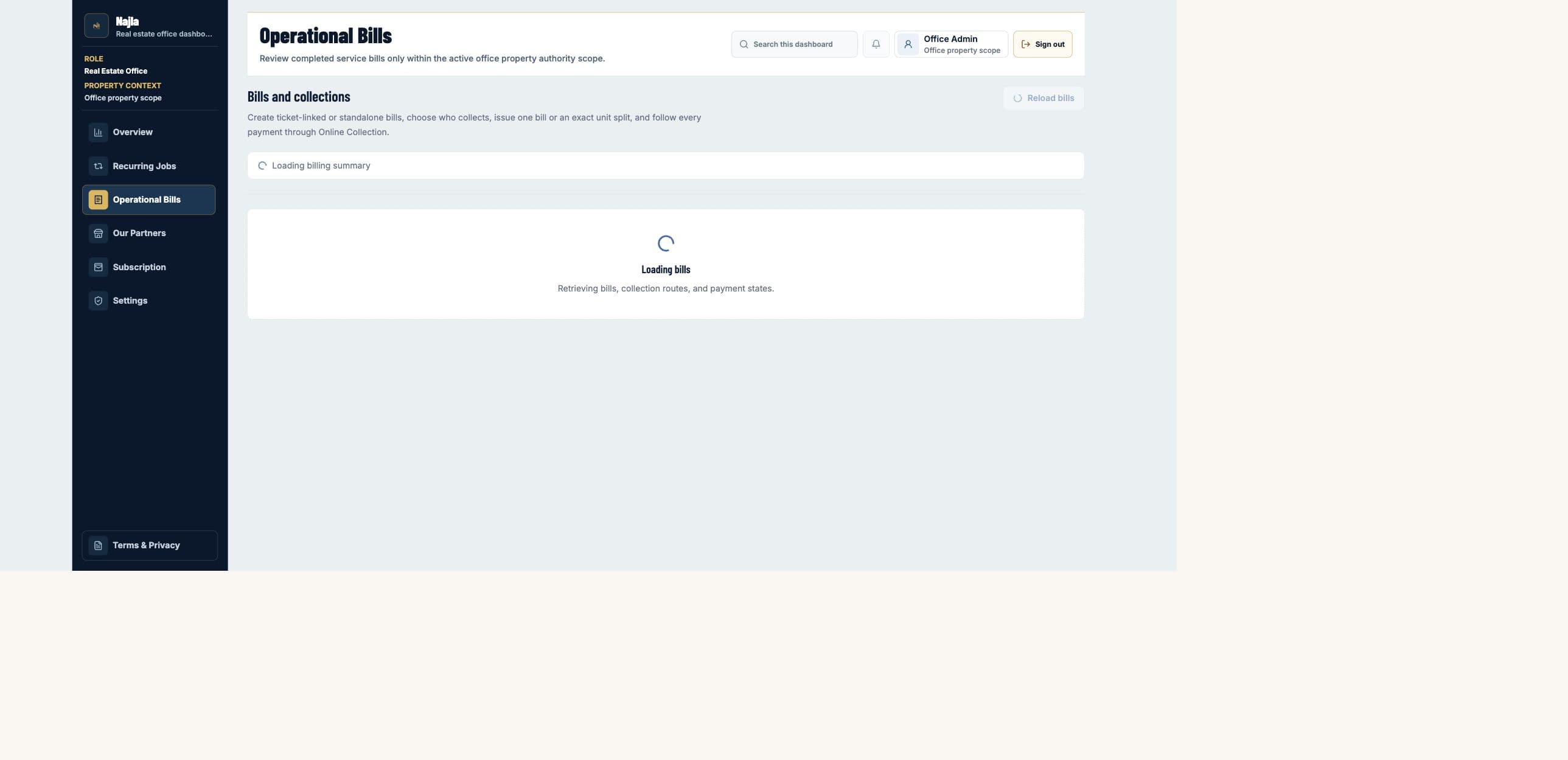 Real Najla staging Real Estate Office Operational Bills page captured after authenticated verification.